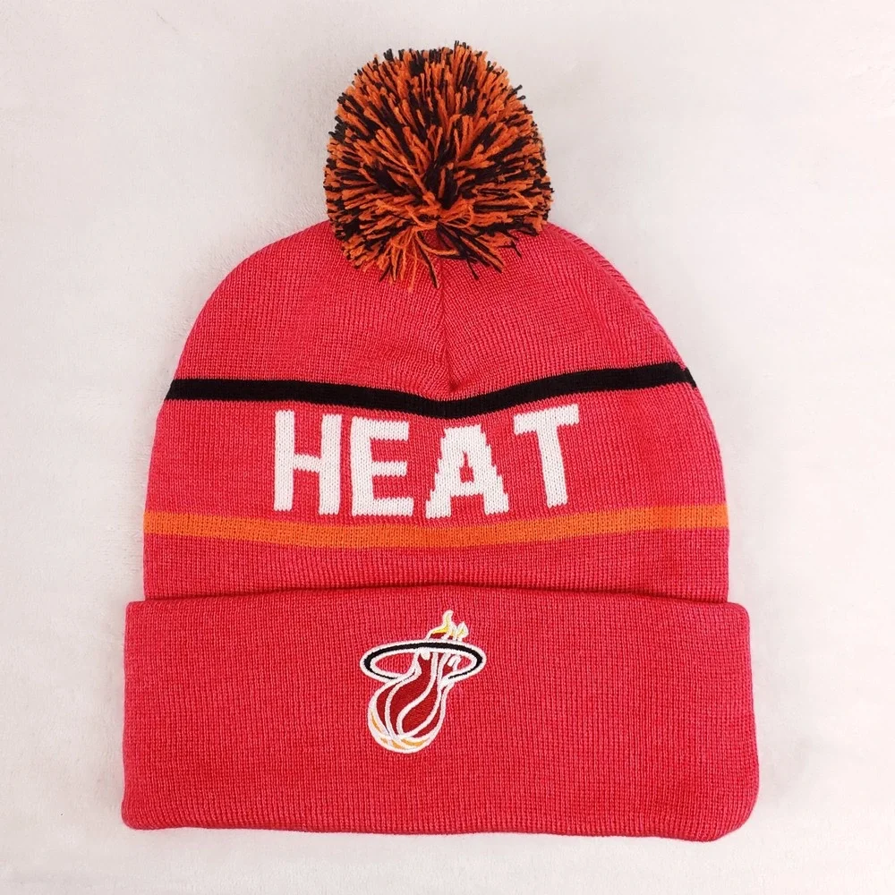 Miami Heat Mitchell & Ness NBA Cuff‎ Knit Beanie Pom Hat Cap Bright Red NWT
